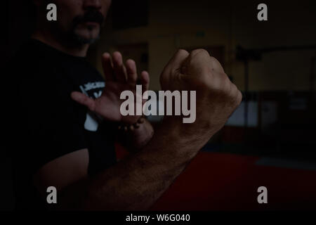 Close-up of hand of martial artist for a fight. Concept. Strong arms Stock Photo