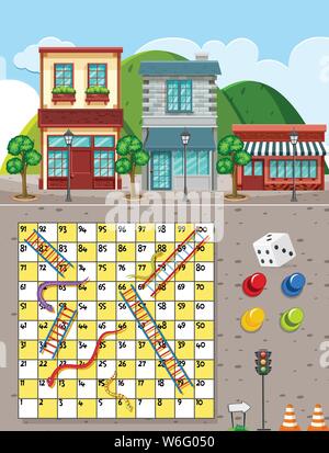 Snakes and ladders game on city background illustration Stock Vector
