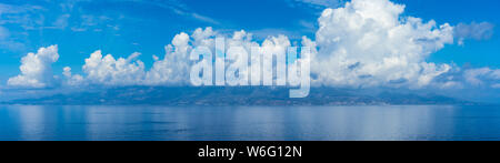 Greece, Zakynthos, XXL panorama of reflecting kefalonia island from north cape coast of zante island Stock Photo