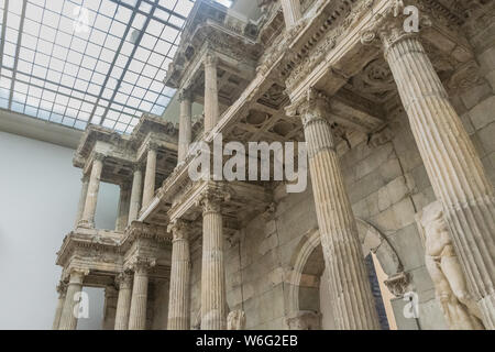 BERLIN, GERMANY - SEPTEMBER 26, 2018: Close up and detailed view of the Architecture of antiquity, the Market gate of Miletus with greek columns Stock Photo