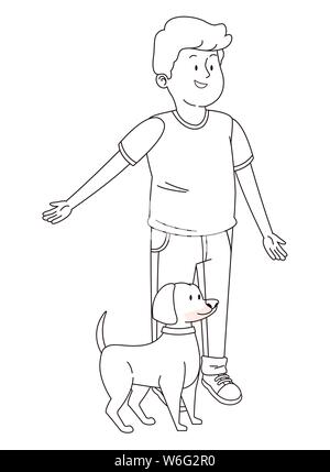 Teenager smiling and walking the dog cartoon in black and white Stock Vector