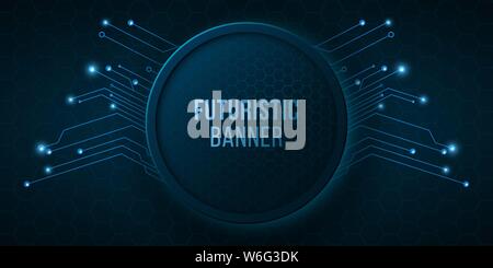 Futuristic cyber banner with computer circuit. Glowing neon honeycombs. Electronic network. Vector illustration. EPS 10 Stock Vector