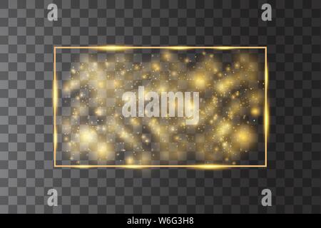 Vector golden frame with lights effects. Shining rectangle banner. Isolated on black transparent background. Vector illustration Stock Vector