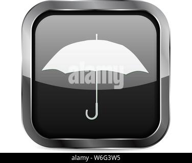 Black square 3d button. Umbrella sign Stock Vector