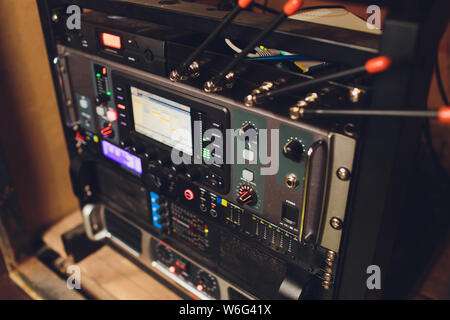 Sound connectors included in the audio mixer. Stock Photo