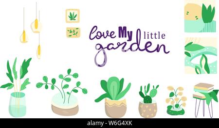 Collection of decorative houseplants isolated on white background. Bundle of trendy plants growing in pots or planters. Set of beautiful natural home Stock Vector