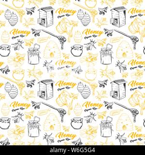 Honey Bee, Honeycomb And Jar Image Seamless Pattern Design In Sketch. Honey Comb, Pot, Bee Hive, Flowers Hand Drawn Vintage Elements On White Background Vector Illustration Stock Vector