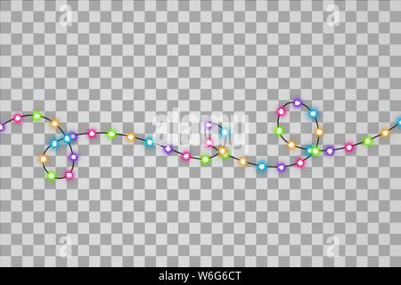 Christmas lights. Colorful Xmas garland. Vector red, yellow, blue and green and purple glow light bulbs on transparent background. Stock Vector