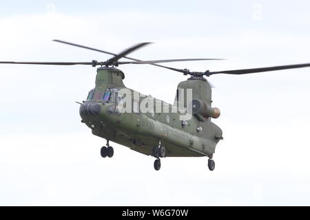 Royal Netherlands Air Force CH-47D/F Chinook arriving at the 2019 Royal International Air Tattoo at RAF Fairford, UK Stock Photo