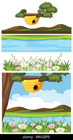 Nature landscape of park with beehive on tree illustration Stock Vector