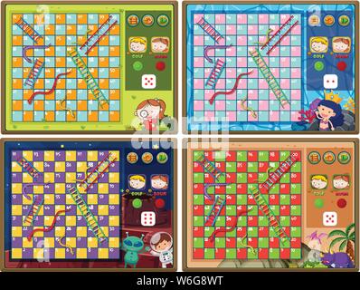 Set of snake and ladder game with four backgrounds illustration Stock Vector