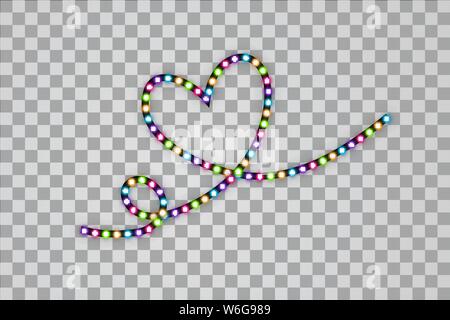 Various LED stripes with heart one line on transparent background, glowing LED garlands. Set of pink, yellow, purple, blue, green glowing decorative Stock Vector