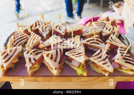 Cut platter of mixed sandwich triangles, on the buffet table. Stock Photo