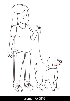 Teenager smiling and walking the dog cartoon in black and white Stock Vector