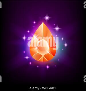 Pear orange shining gemstone with magical glow and stars on dark background vector illustration. Stock Vector