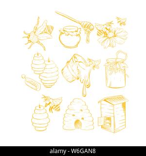 Honey Sketches Set, Bee Hive, Honey Jar, Barrel, Pot, Spoon and Flower Hand Drawn Organic Products for Logo. Black Outline Engraving Elements. Vintage Stock Vector