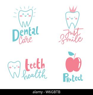 Set of four cute cartoon stomatology logos. Stock Vector