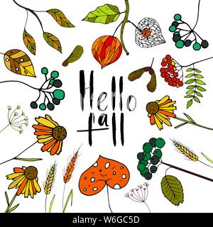 Handdrawn unique autumn card with brush lettering quote. Vector doodle illustration. Stock Vector