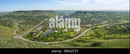 City of Golden - A panoramic Spring morning view of city of Golden, situated between North and South Table Mountains, Colorado, USA. Stock Photo