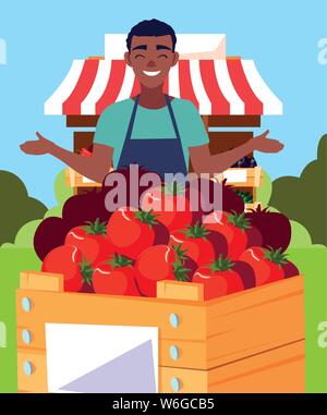 seller man farm products stand tomatoes vector illustration Stock Vector