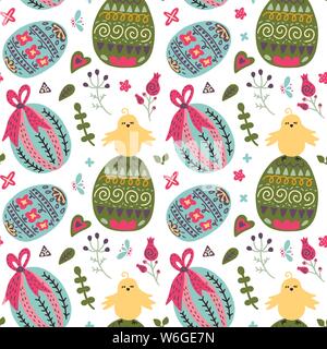 Seamless spring vector pattern with Easter eggs, chickens and flowers. Happy Easter illustration. Stock Vector