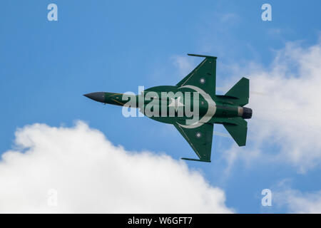 LE BOURGET PARIS - JUN 21, 2019: Pakistan Air Force PAC JF-17 Thunder fighter jet plane flying demonstration at the Paris Air Show. Stock Photo