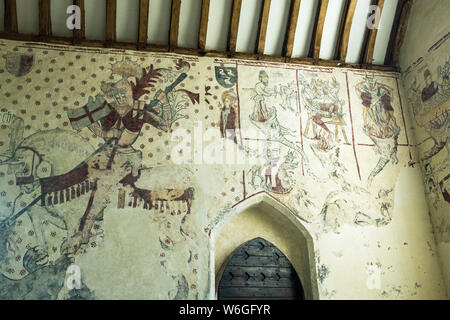 The beautiful ancient wall paintings discovered on the walls of St Cadocs Church in Llancarvan, Vale of Glamorgan South Wales. Stock Photo