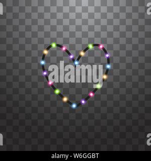 Various LED stripes with heart one line on transparent background, glowing LED garlands. Set of pink, yellow, purple, blue, green glowing decorative Stock Vector