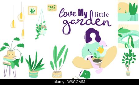Urban jungle, trendy home decor with plants, cacti, tropical leaves. Modern illustration, flat design clip art, home interior, isolated background. Stock Vector