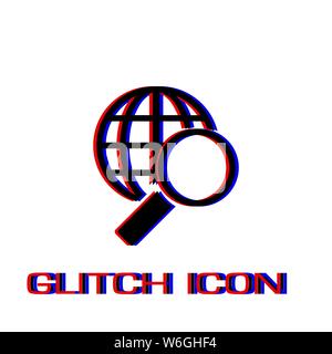 Magnify globe icon flat. Simple pictogram - Glitch effect. Vector illustration symbol Stock Vector