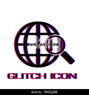 Analyzing world icon flat. Simple pictogram - Glitch effect. Vector illustration symbol Stock Vector