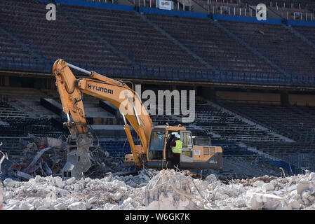 Madrid, Madrid, Spain. 1st Aug, 2019. Workers clean up debris as demolition continues at the Vicente Calderon in Atletico de Madrid old stadium.Spanish football club Atletico Madrid makes 182 million euros from sale of three plots of land of the old stadium area. These have been purchased by Azora, CBRE, Vivenio, Renta CorporaciÃ³n and APG. They will be used for the construction of about 400 homes and common areas. Credit: John Milner/SOPA Images/ZUMA Wire/Alamy Live News Stock Photo