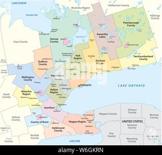 Map of the Golden Horseshoe metropolitan area around the western end of Lake Ontario Ontario Canada Stock Vector