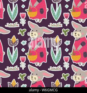 Seamless spring vector pattern with Easter bunny, tulips, Easter basket and eggs, Stock Vector