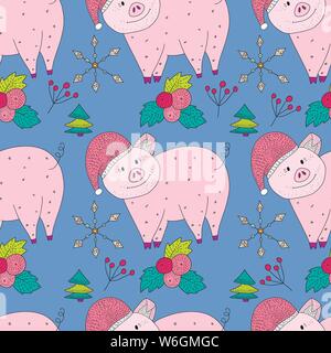 Doodle Christmas pig. Christmas vector seamless pattern with detailed holiday illustrations.Cute illustrations with cartoon pigs. Stock Vector