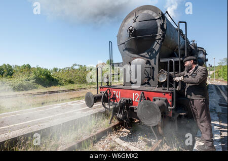 Steam locomotive stops on the tracks, snorting smoke and hot steam Stock Photo