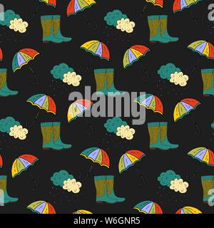 Cartoon doodle illustration. Seamless autumn vector pattern with umbrella and rubber boots. Stock Vector