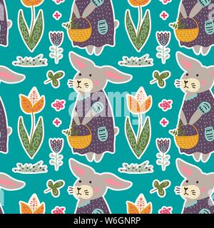 Seamless spring vector pattern with Easter bunny, tulips, Easter basket and eggs, Stock Vector