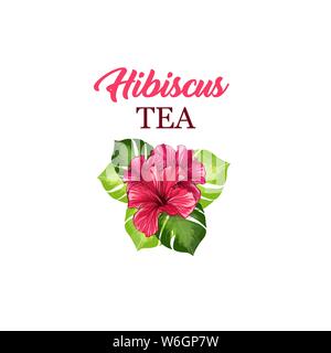 Tea Flyer or Leaflet Card with Hawaiian Hibiscus Red Fragrance Flower. Bright Green Leaves Vector Patterned Backdrop for Tea Packaging Print Design. T Stock Vector