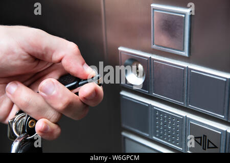 Close-up Of Human Hand Pressing Elevator Remote Key Stock Photo