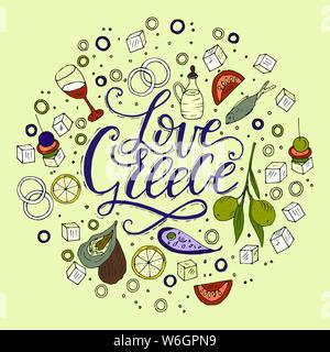 Love Greece. Lettering handdrawn quote with doodle symbols of national Greek cuisine.. Stock Vector