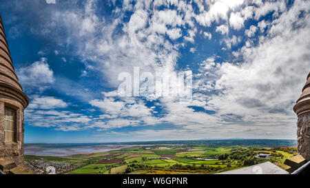 Panoramic view southwards towards the Mourne Mountains from  Scrabo Tower, County Down, Northern Ireland with Strangford Lough  to the east. Stock Photo