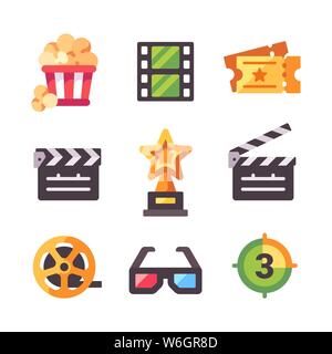 Set of flat cinema icons. Popcorn, tickets, award, clapper board, filmstrip and 3d glasses Stock Vector