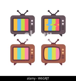 Set of old TV with error screens. Retro TV sets flat icons Stock Vector