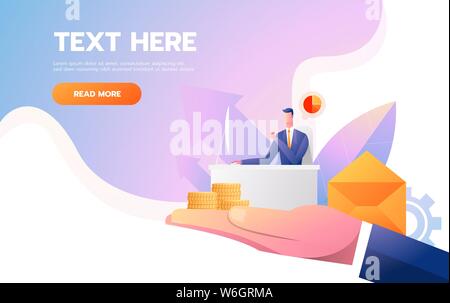 Web page design - customer retention theme. Office people with mobile device on big human hand. Landing page, mobile app, site template Stock Vector