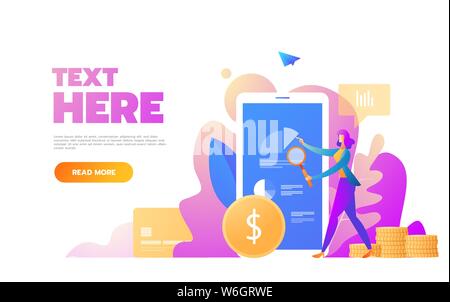 Data analysis and analytics concept. Digital report. Analytic application in smartphone. Vector illustration in cartoon style. Stock Vector