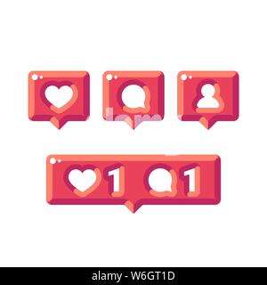 Shiny social media notification flat icons. Likes, comment and follower icons Stock Vector