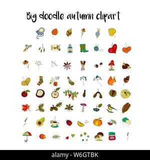 Big set of handdrawn unique autumn icons. Vector doodle illustrations. Perfect for logotypes, autumn cards, apparel design. Stock Vector