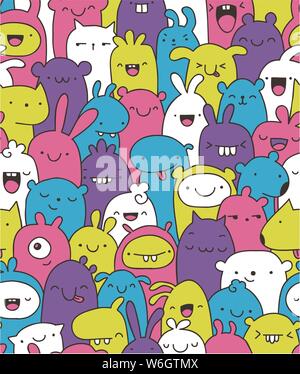 Cute and fun colorful pattern with various imaginary characters Stock Vector