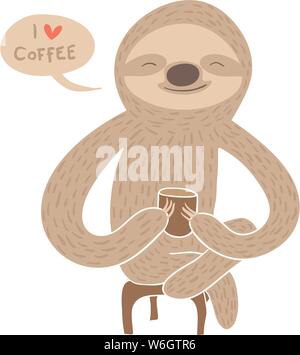 Cute cartoon sloth having coffee saying I love coffee Stock Vector